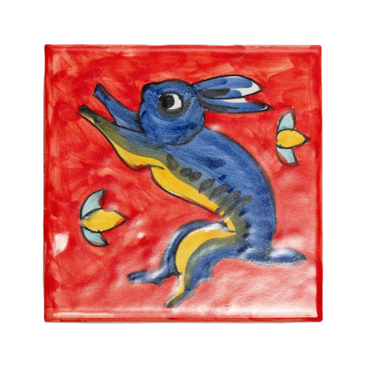 Italian Hand Painted Rabbit Tile Red