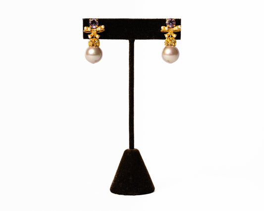 Pearl and Amethyst Bow Drop Earrings in 18K Gold